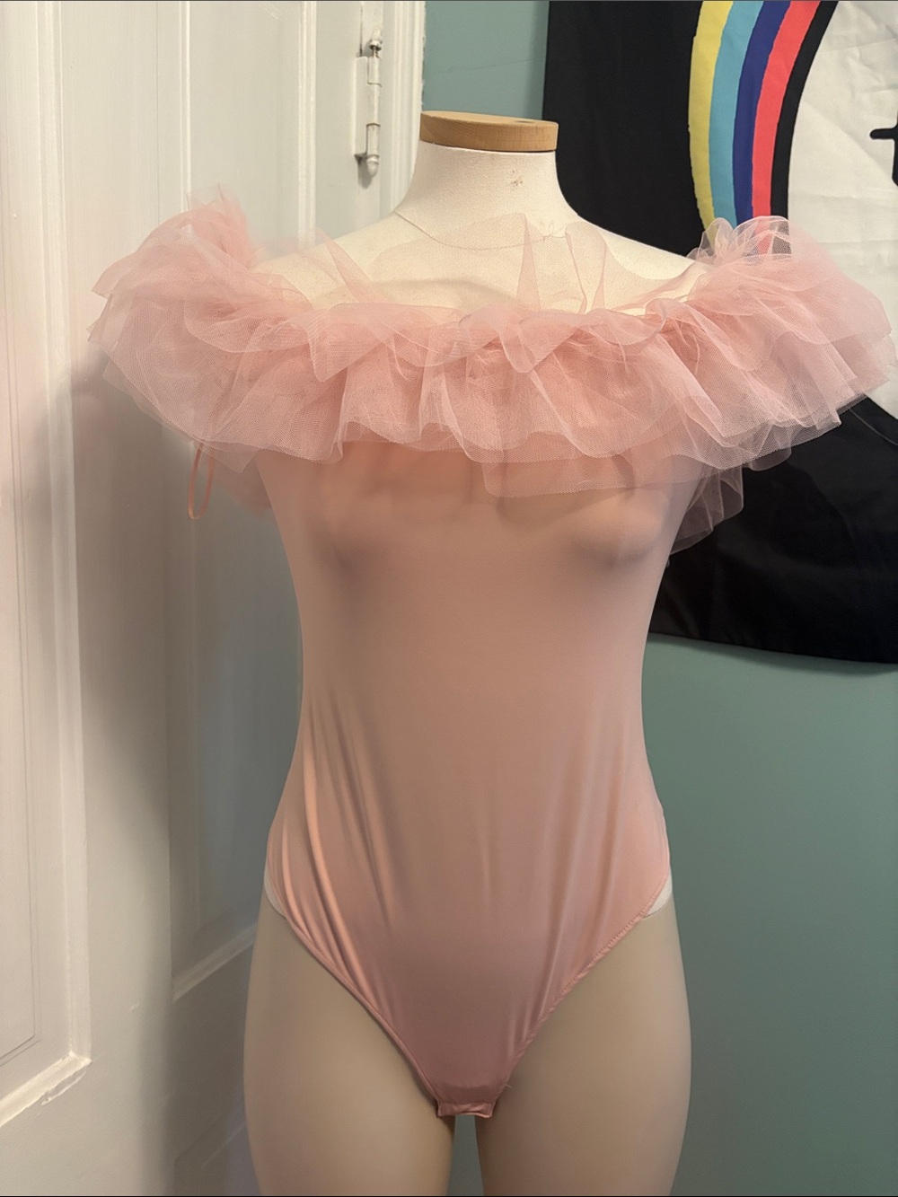 Le Lis Pink Off-Shoulder Ruffle Tulle Bodysuit